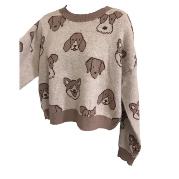 Beige cream brown adorable puppy dog face print long sleeve sweater‎ size medium - Picture 5 of 16